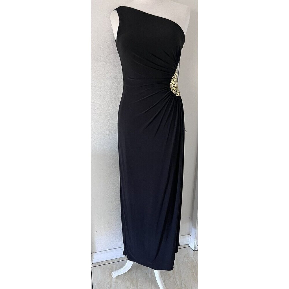 Nordstrom JS Boutique black one shoulder formal dress size 6 gather waist beads